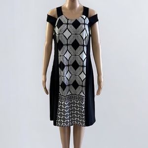 Libra Black and White Geometric Knee Length Dress Size Large